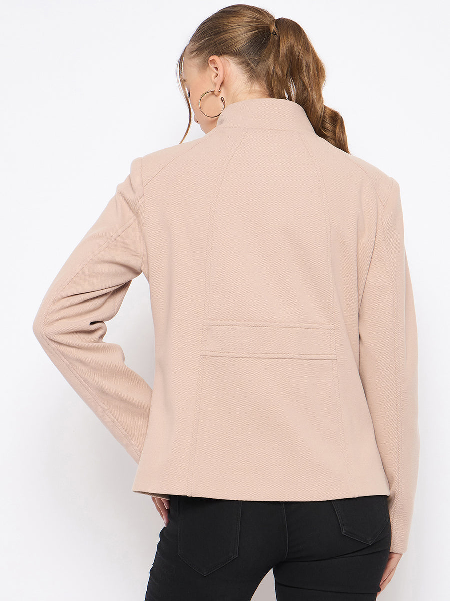 Madame Textured High Neck Beige Short Coat