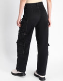 Madame Multi Pocketed Charcoal Black Cotton Denim Cargo