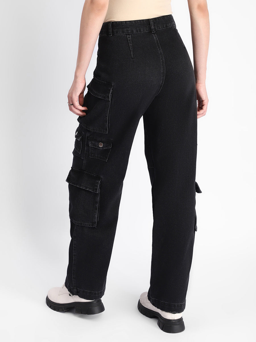 Madame Multi Pocketed Charcoal Black Cotton Denim Cargo