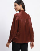 Madame Tie Up Neck Cuffed Sleeve Brown Top