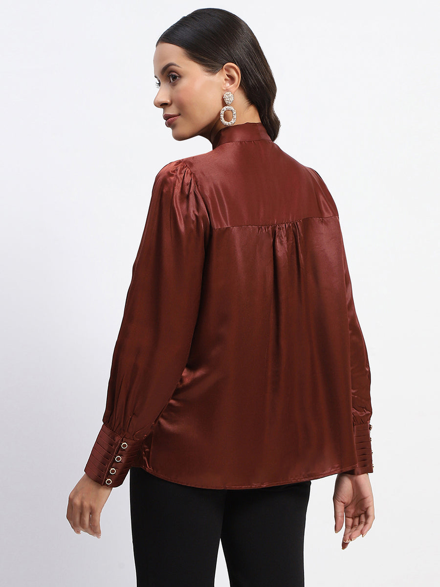 Madame Tie Up Neck Cuffed Sleeve Brown Top