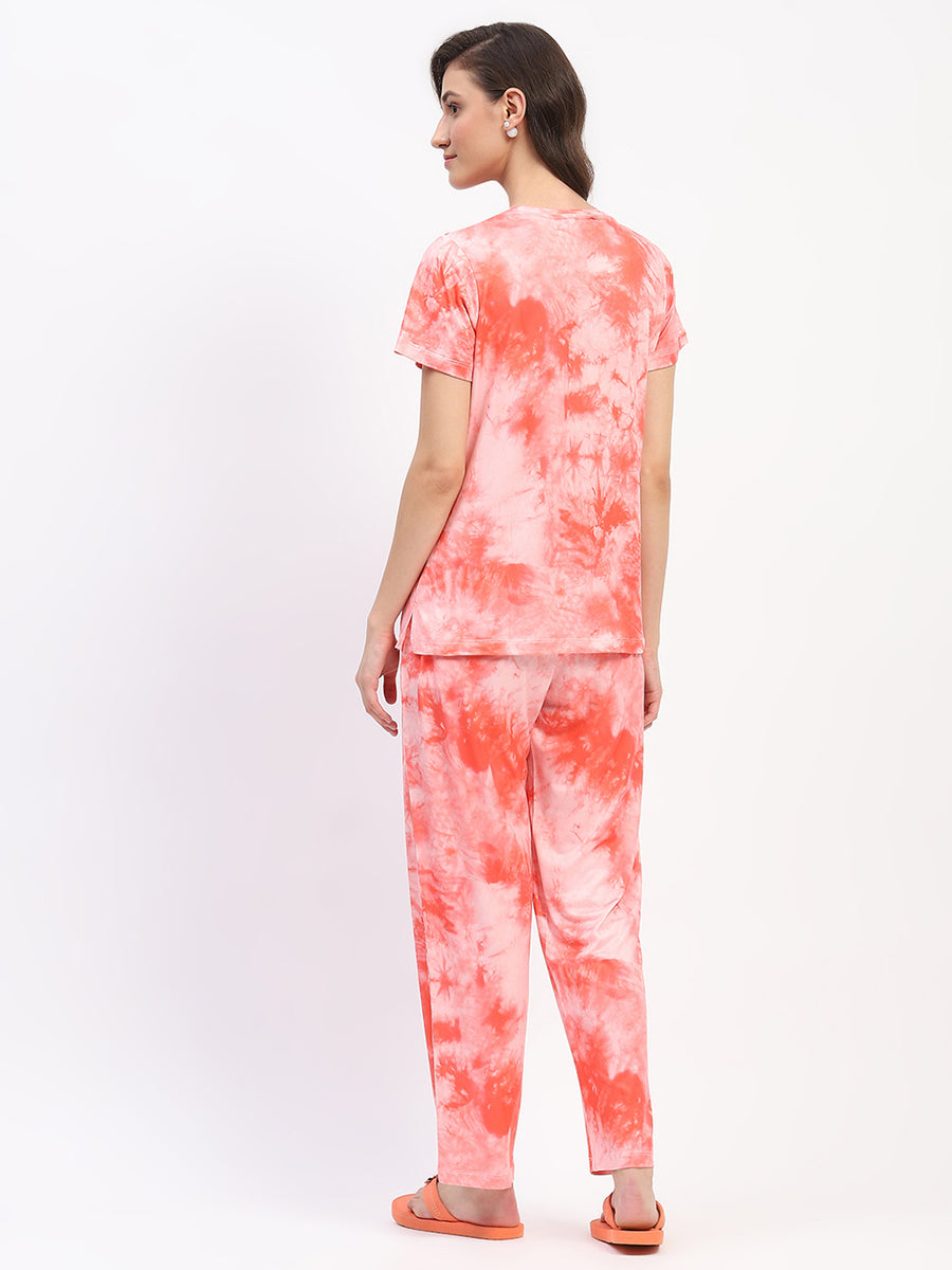 mSECRET Tie Dye Coral Typography Print Two Piece Night Suit