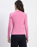 Madame Ruched Mock Neck Plain Pink Cotton Top