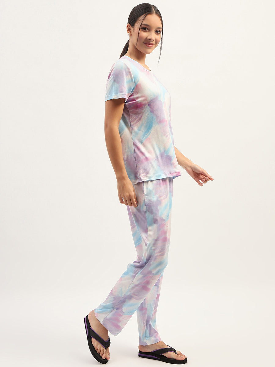 mSECRET Tie Dye Effect Print Mauve Top with Printed Pyjama and Shorts Set