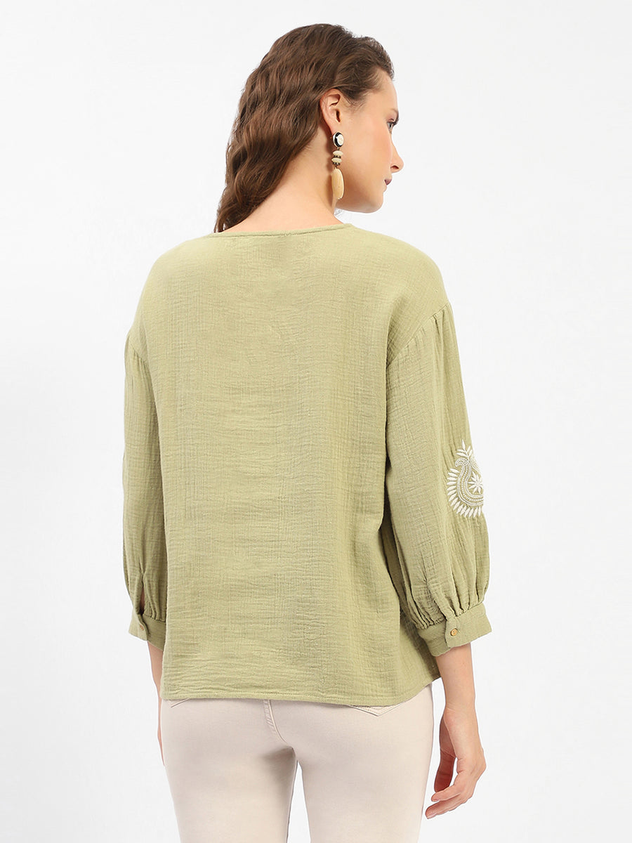 Madame Balloon Sleeve Green Chikankari Work Top