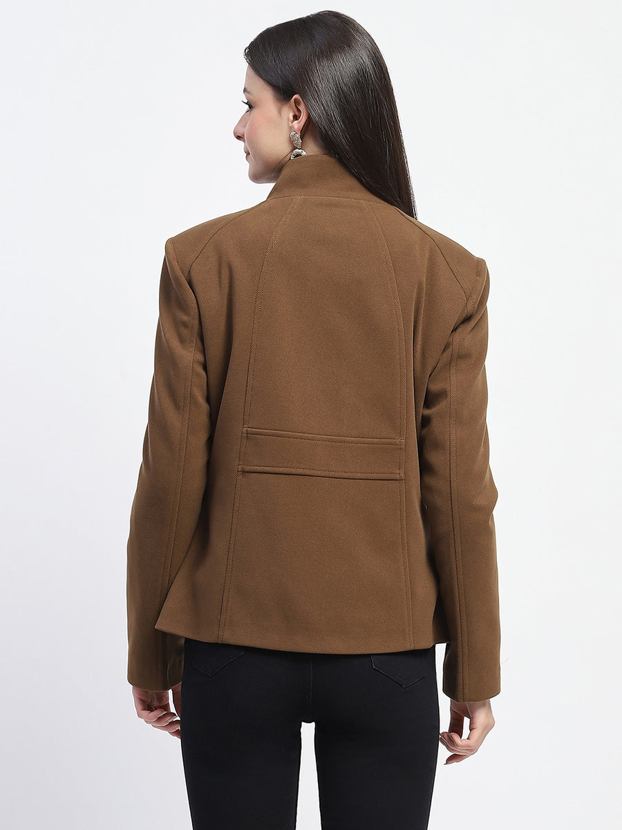 Madame Textured High Neck Coffee Brown Short Coat