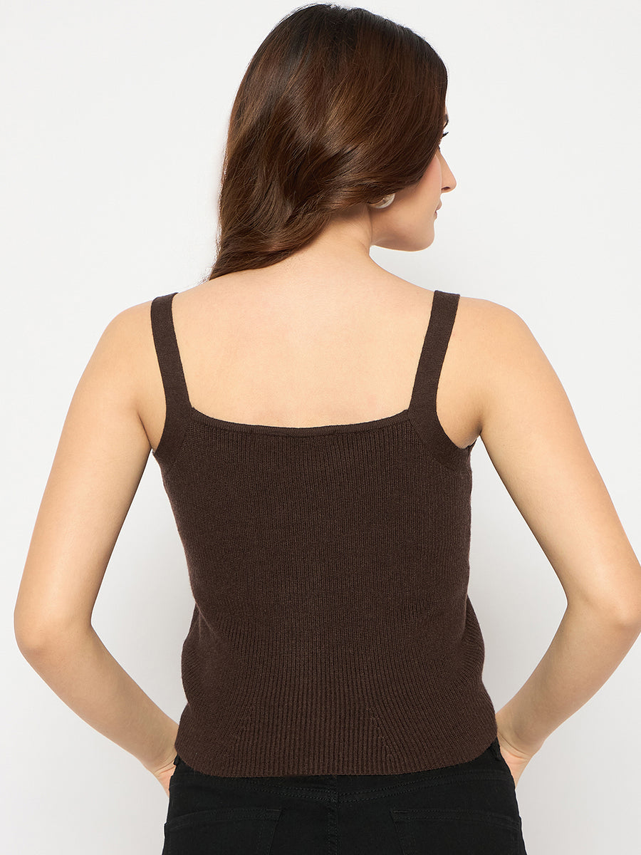 Madame Sleeveless Solid Coffee Brown Sweater