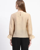 Madame Beige Ruffle Sleeve Textured Tencel Blend Top