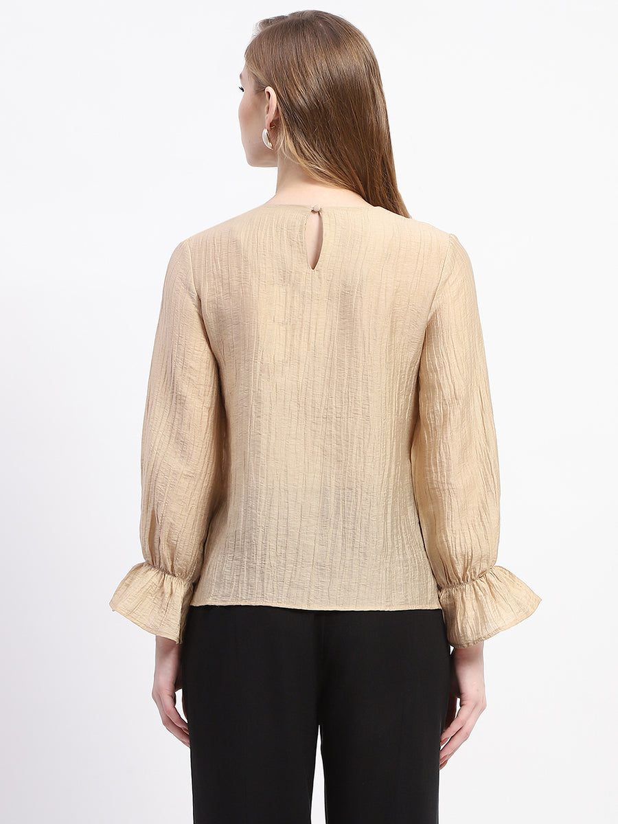 Madame Beige Ruffle Sleeve Textured Tencel Blend Top