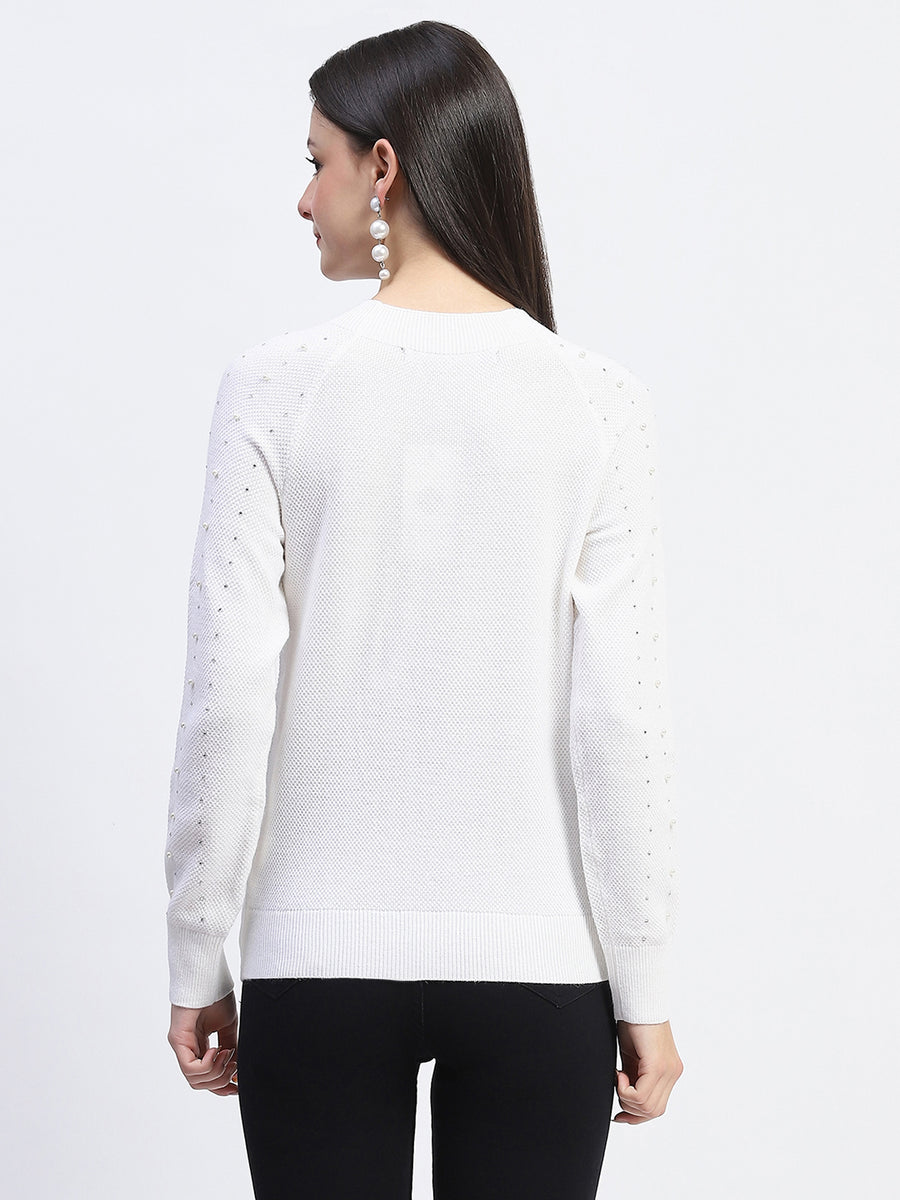 Madame Solid Full Sleeve Off White Knitted Top