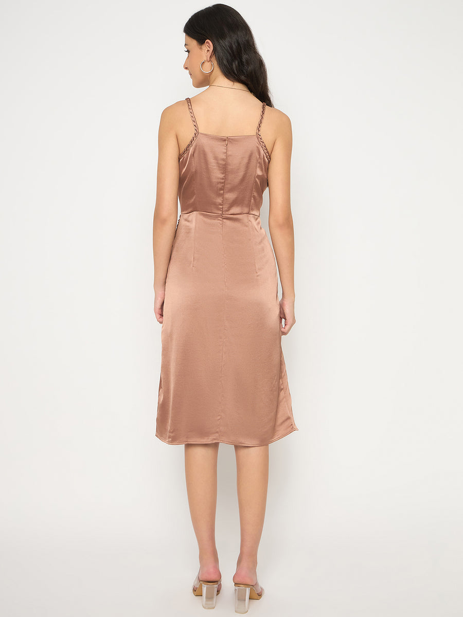 Madame Pleated Satin Light Brown Midi Dress