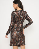 Madame Front Pleated Metallic Rust Floral Print Wrap Dress