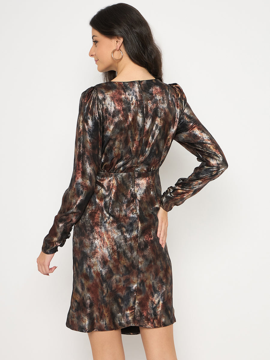 Madame Front Pleated Metallic Rust Floral Print Wrap Dress