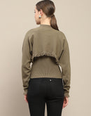 Madame Front Ripped Full Sleeve Olive Sweater