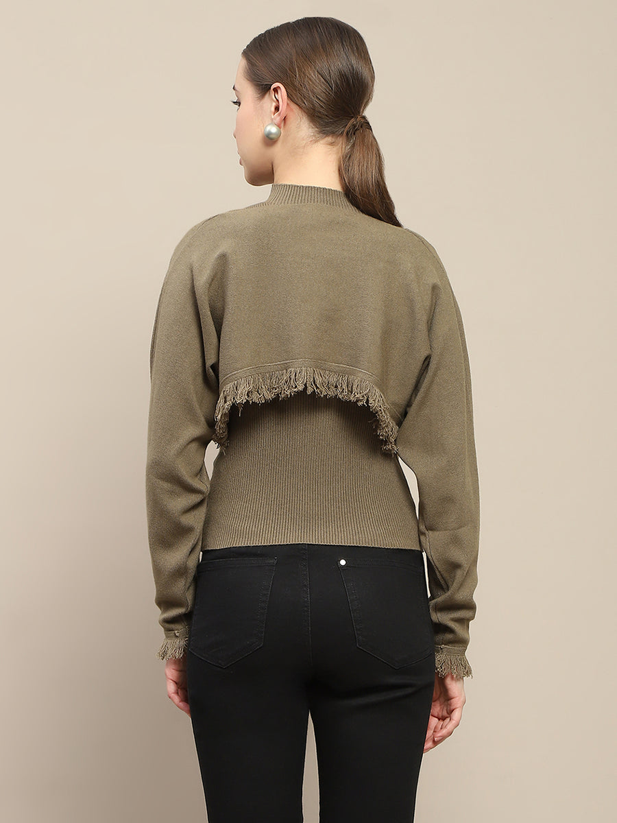 Madame Front Ripped Full Sleeve Olive Sweater