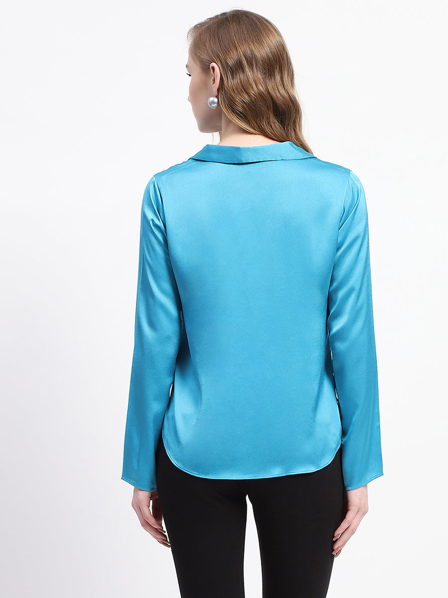 Madame Satin Bell Sleeve Collared Solid Blue Top