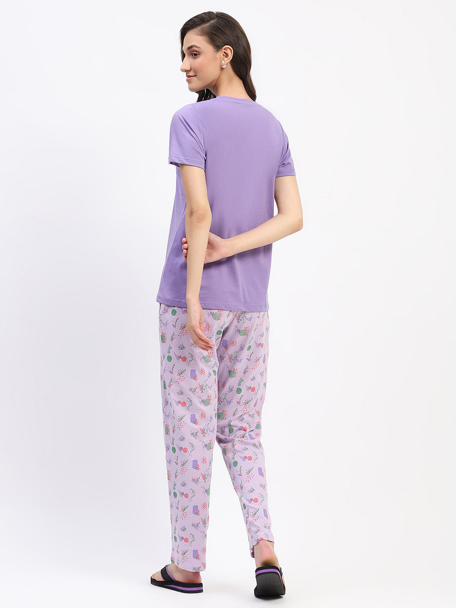 mSECRET Cotton Mauve Night Set with Typography Floral Print