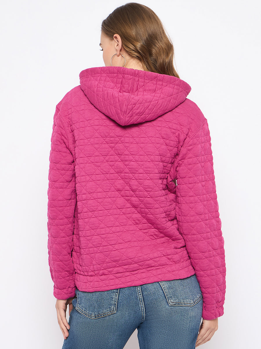 Madame Cotton Blend Self-Textured Zipped Hot Pink Sweatshirt