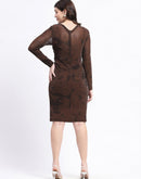 Madame Nylon Blend Front Overlapping Brown Mini Bodycon Mesh Dress