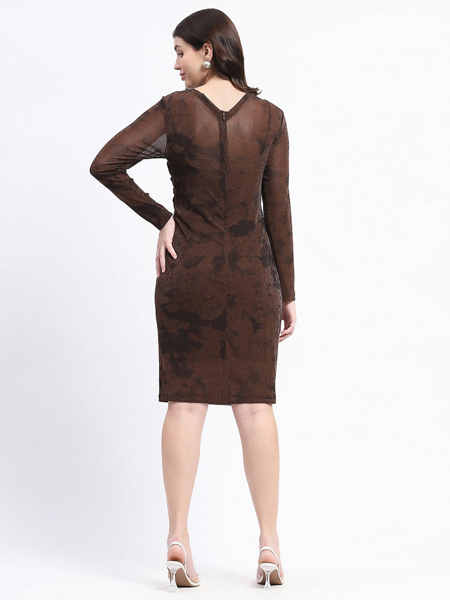 Madame Nylon Blend Front Overlapping Brown Mini Bodycon Mesh Dress