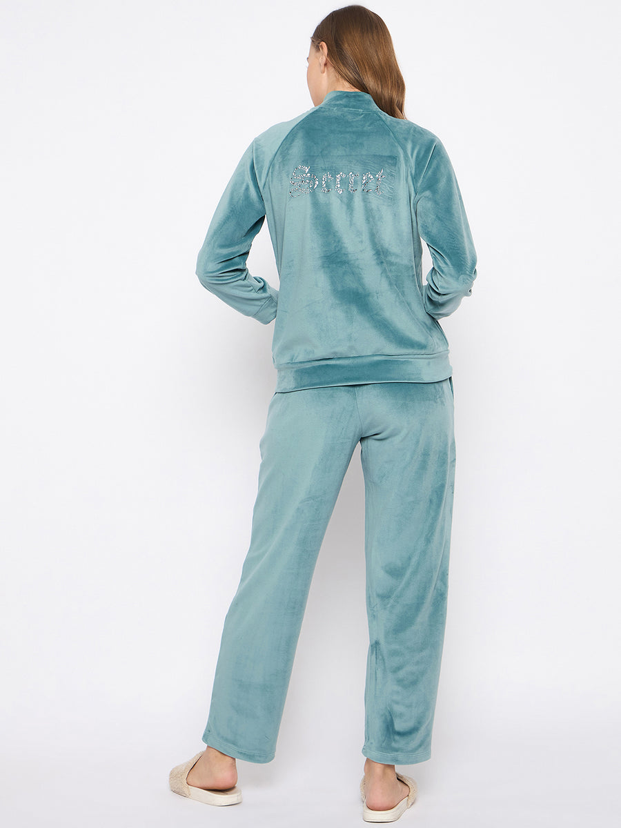 mSECRET Velour Branding Zipped Mint Green Top and Bottom Night Suit