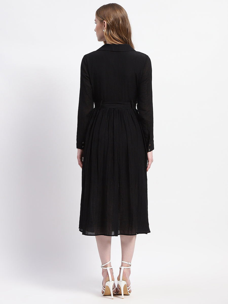 Madame Pleated Cotton Blend Black Shirt Dress