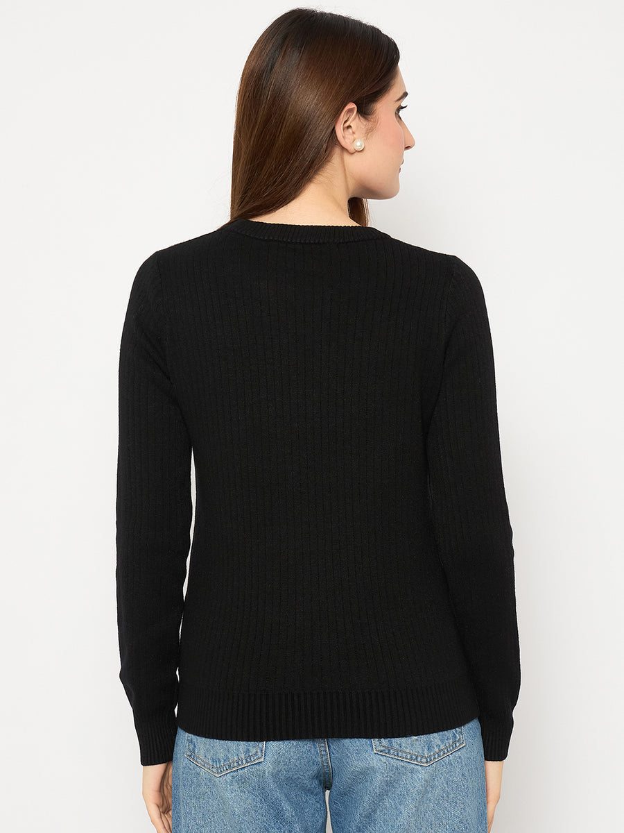 Madame Ribbed Cuffs Round Neck Black Sweater