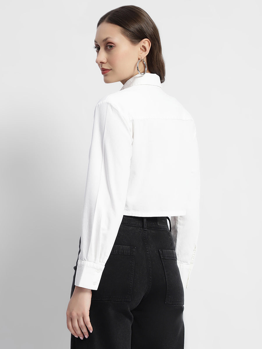 Madame White Front Flap Pocket Crop Shirt