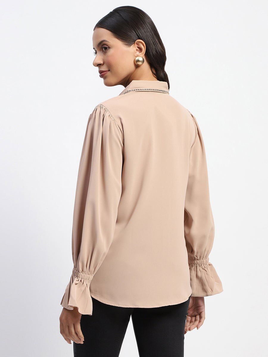 Madame Embellished Beige Button Down Shirt