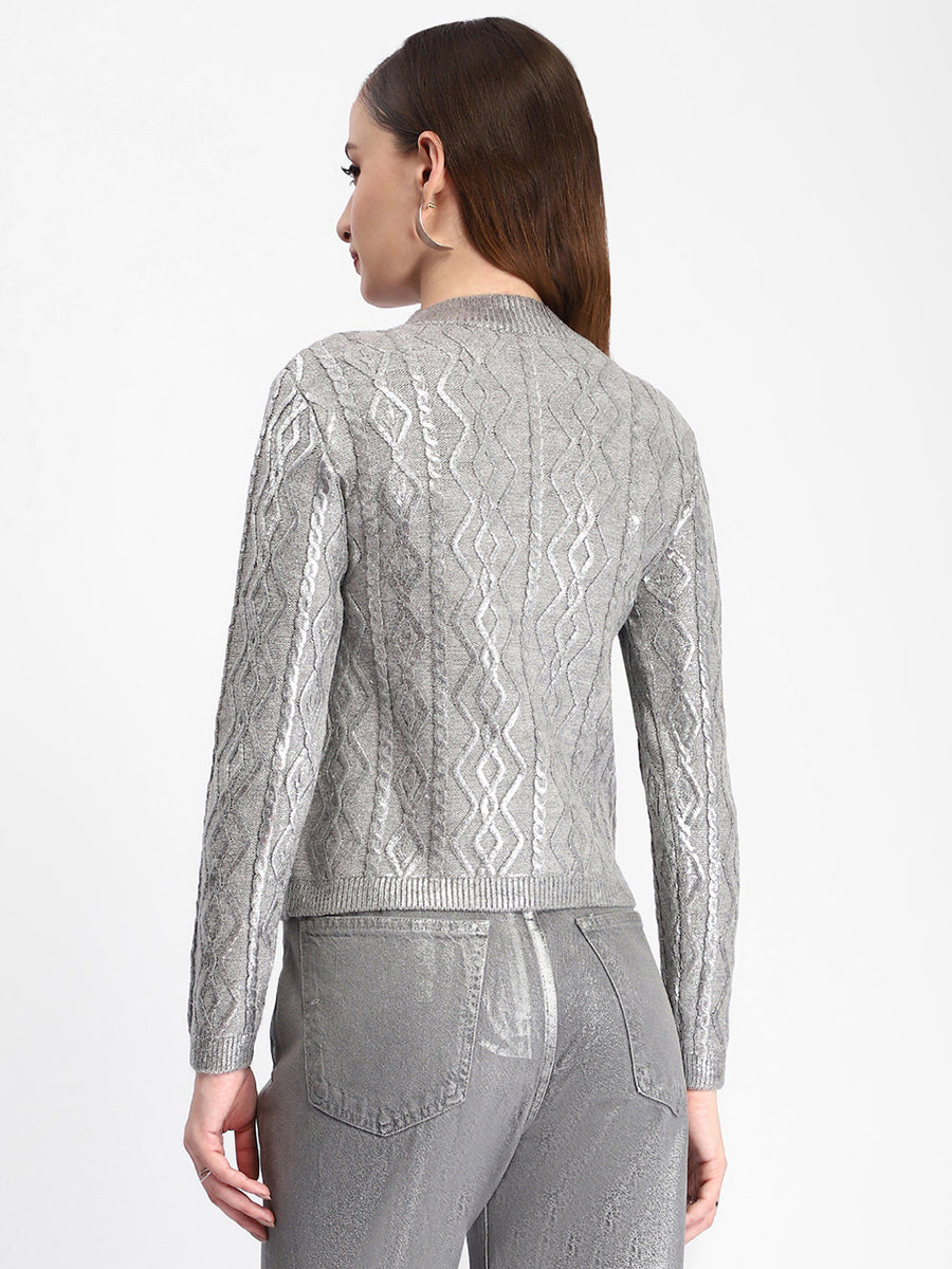 Madame Metallic Geometric Print Grey Sweater