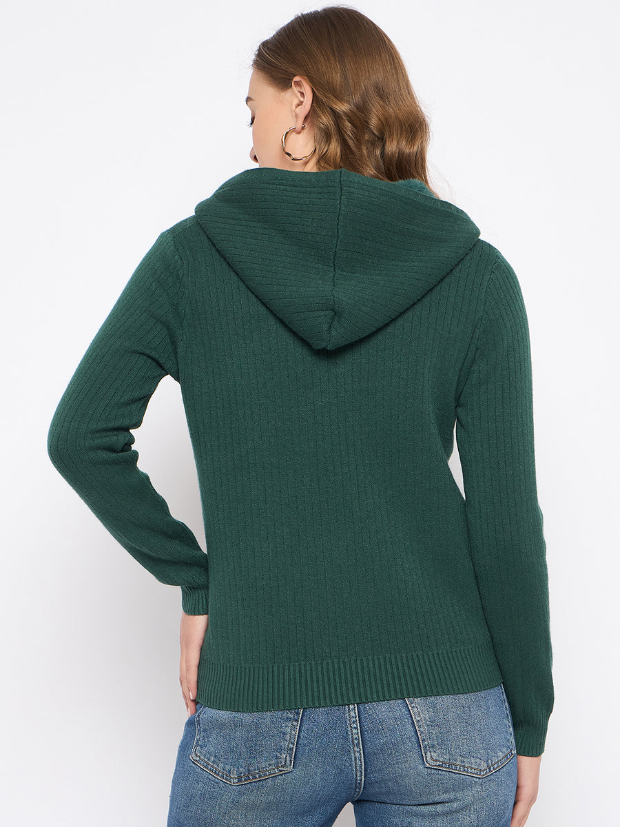 Madame Zip Solid Green Hooded Sweater