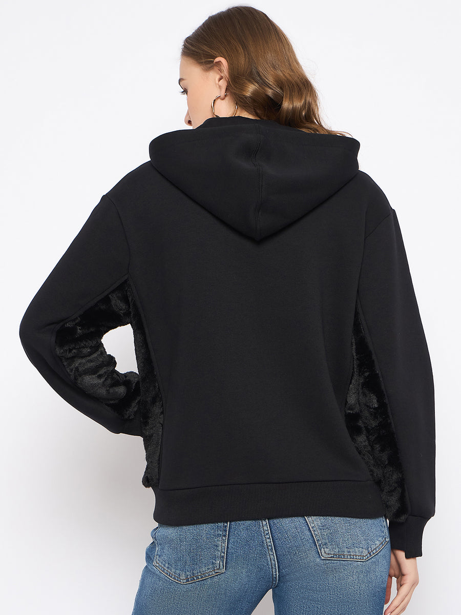 Madame Placement Print with Cut & Sew Fur Black Zipped Sweatshirt