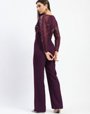 Madame Plum Embellished Mesh Wine Jumpsuit with Long Sleeves