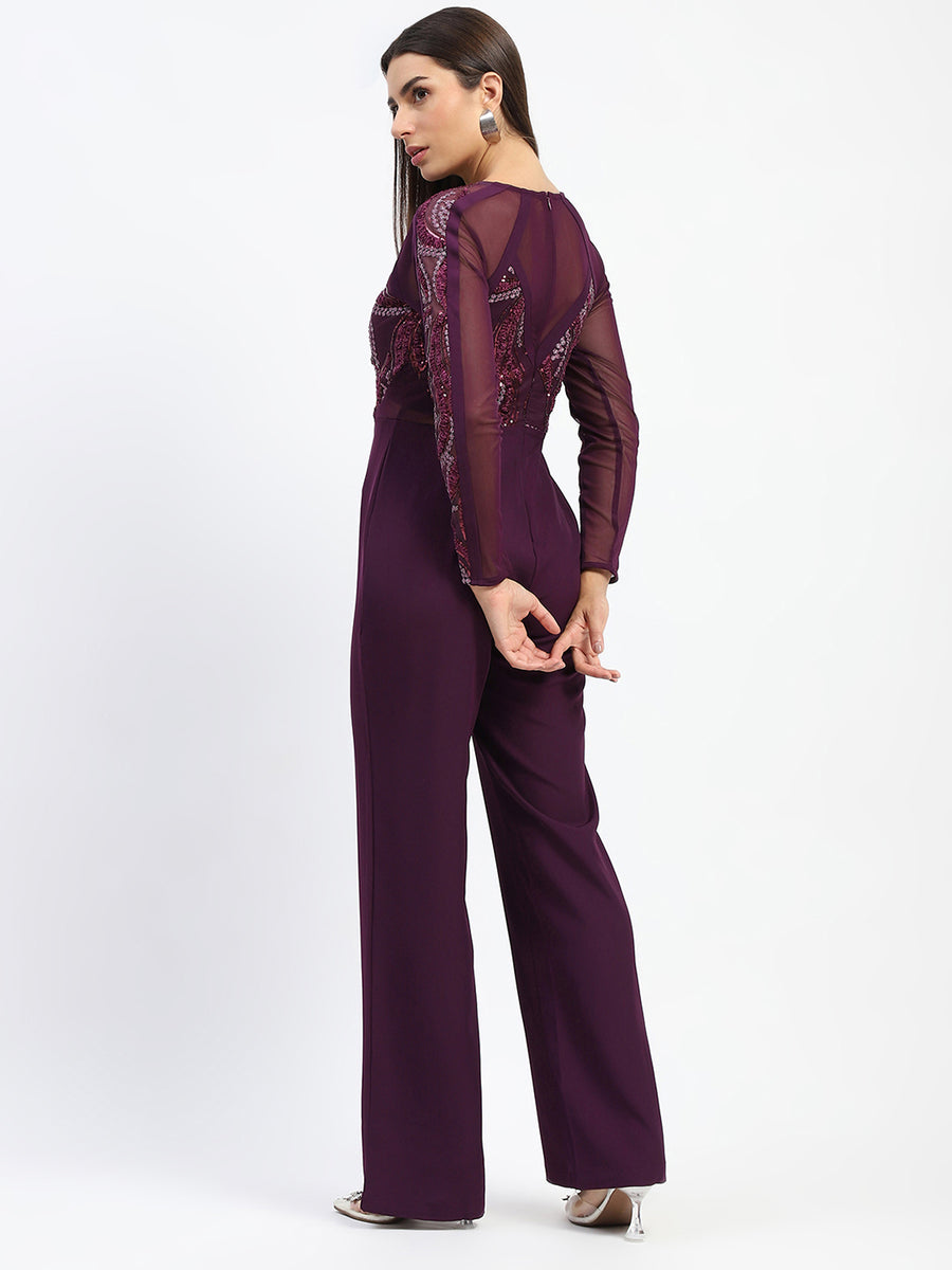 Madame Plum Embellished Mesh Wine Jumpsuit with Long Sleeves