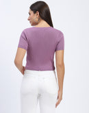 Madame Ribbed Round Neck Bodycon Solid Lilac Top