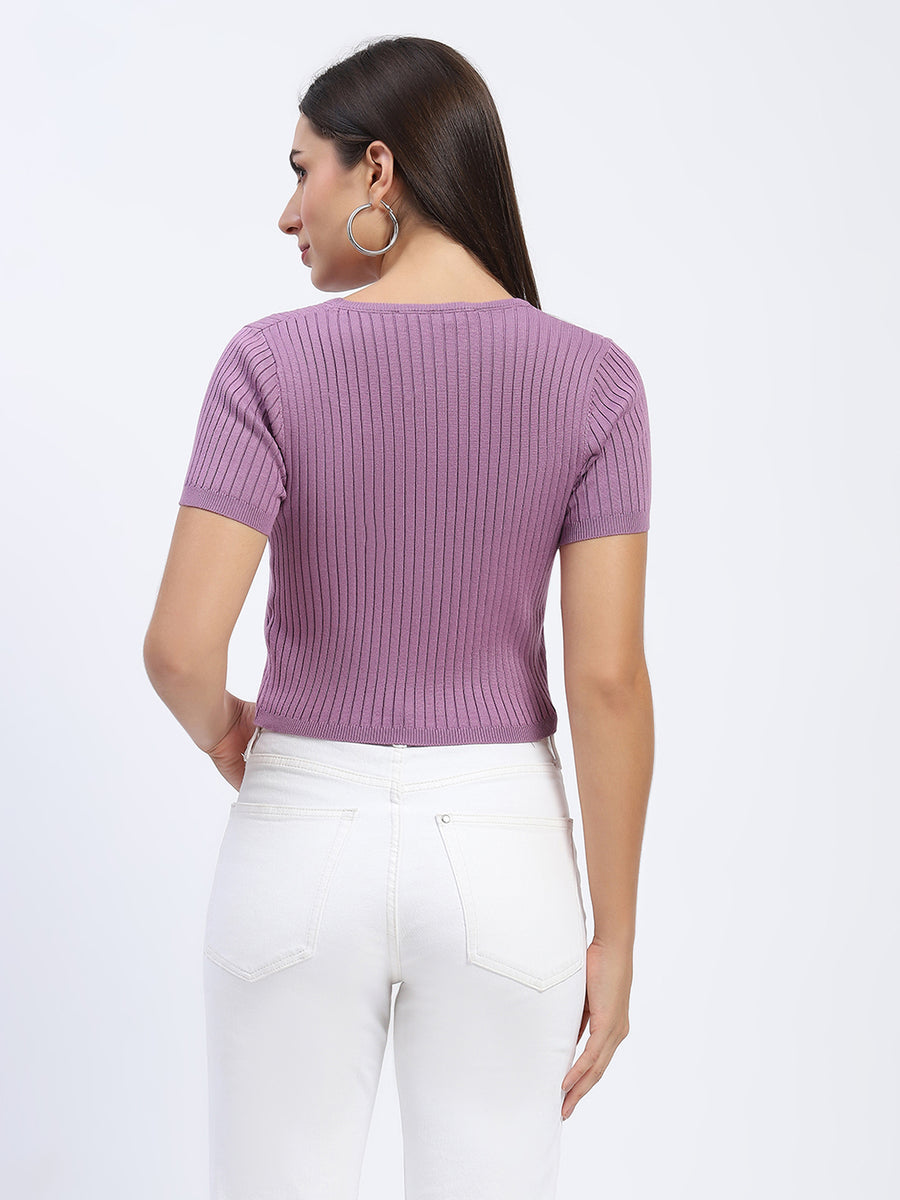 Madame Ribbed Round Neck Bodycon Solid Lilac Top