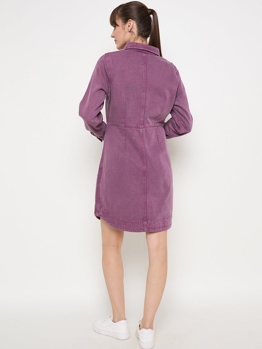 Madame Buttoned Plum Cotton Shirt Dress