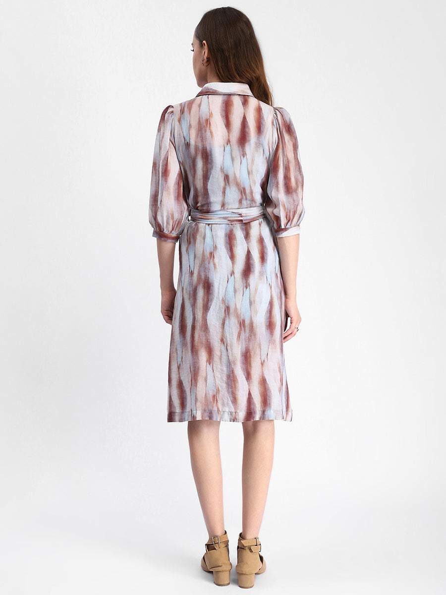 Madame Blue Abstract Print Belted A Line Midi Dress