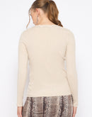 Madame Scalloped Neck Solid Beige Sweater