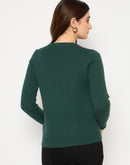 Madame Ribbed Cuffs Round Neck Bottle Green Sweater