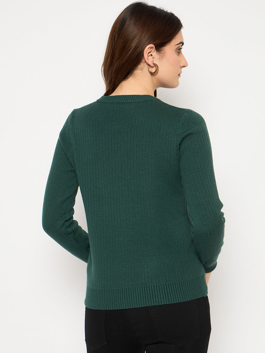 Madame Ribbed Cuffs Round Neck Bottle Green Sweater