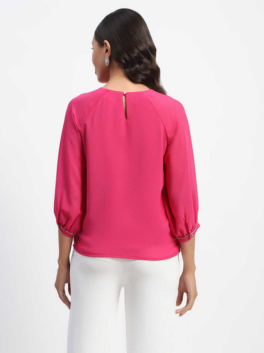 Madame Embellished Puffed Sleeve Hot Pink Top