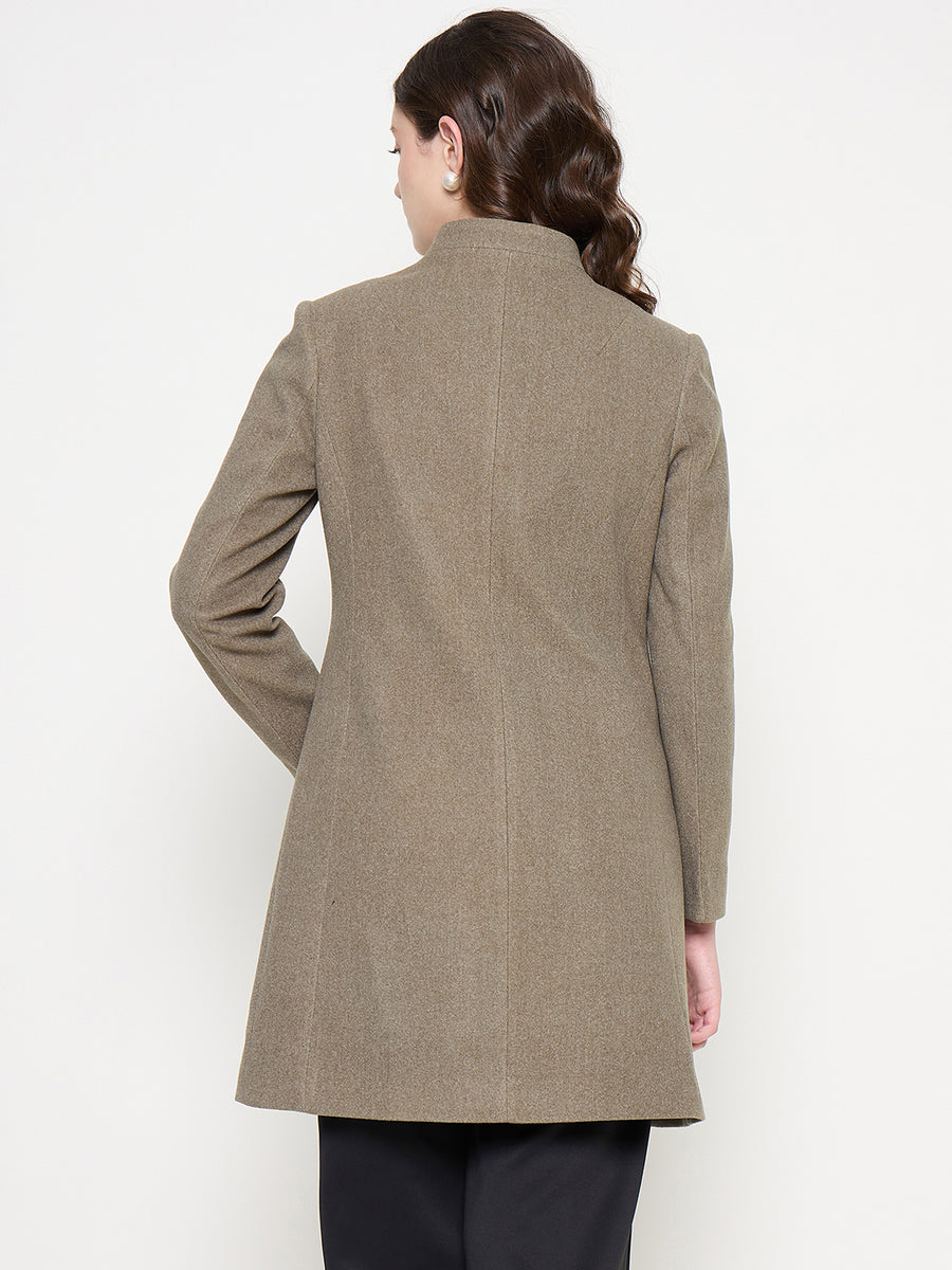 Madame Mélange Button Detailed T Neck Olive Long Coat