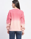 Madame Ombre Print Textured V Neck Pink Sweater