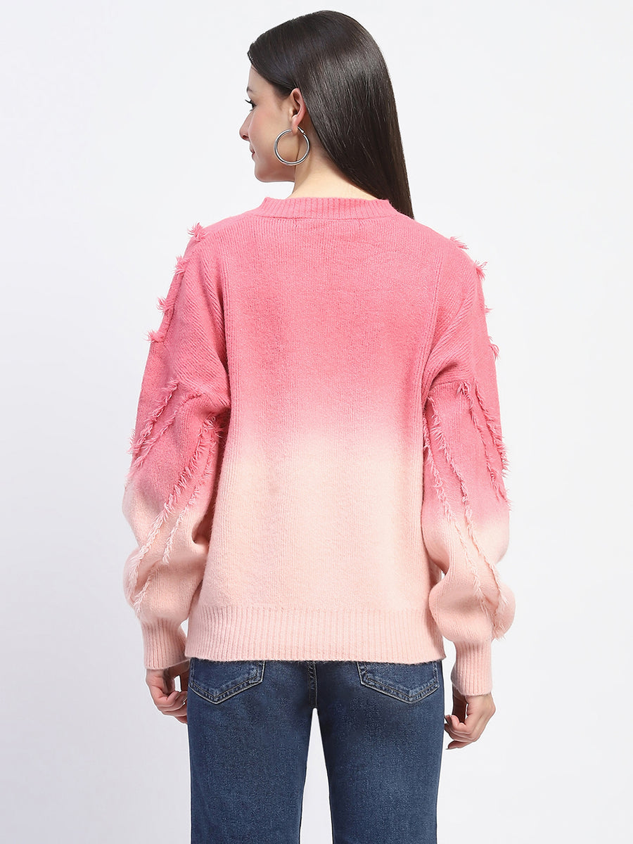 Madame Ombre Print Textured V Neck Pink Sweater