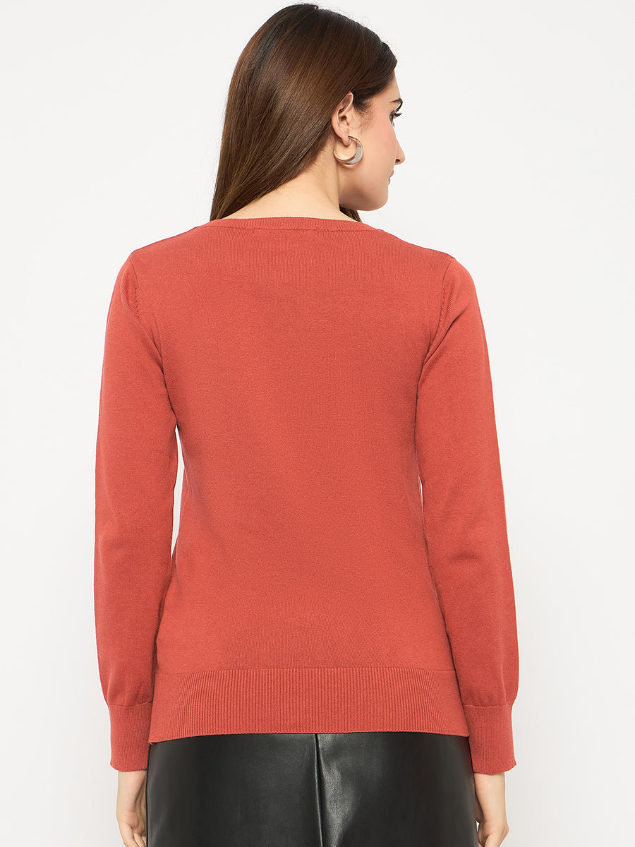 Madame Round Neck Ribbed Cuff Rust Red Sweater