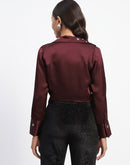 Madame Embellished Collar Front Knot Two Piece Maroon Crop Shirt