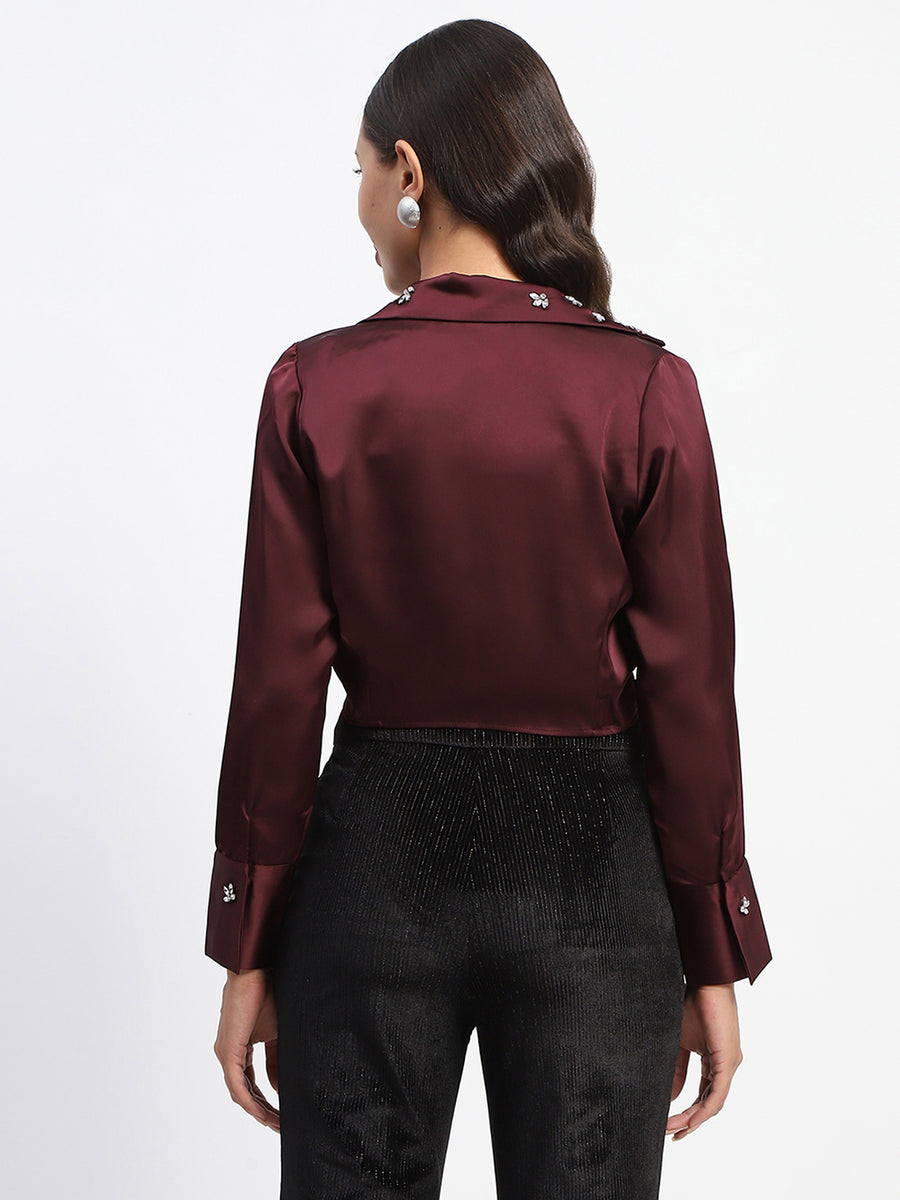 Madame Embellished Collar Front Knot Two Piece Maroon Crop Shirt