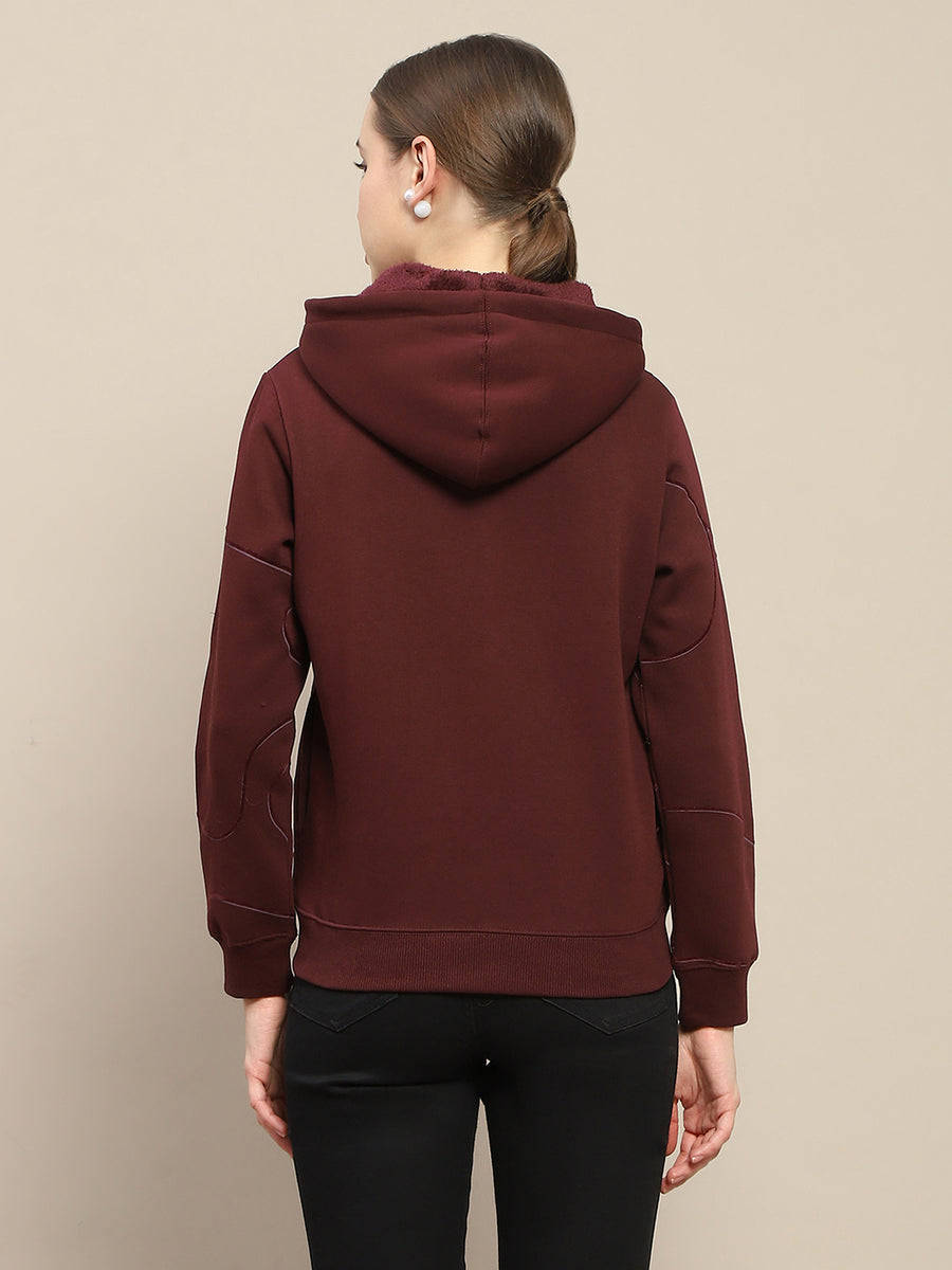 Madame Geometric Print Zipped Wine Hooded Sweatshirt