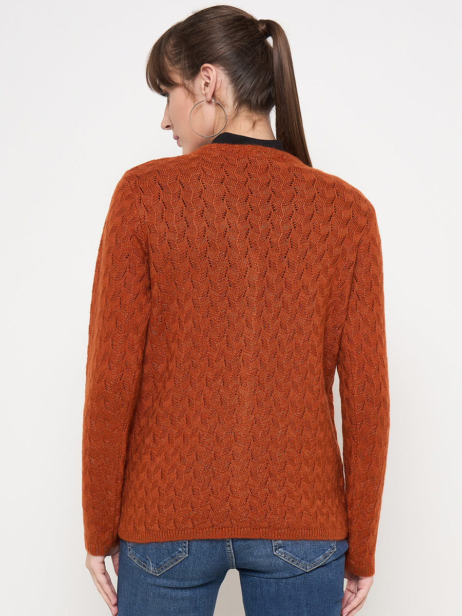 Madame Cable Knit Solid Burnt Orange Buttoned Cardigan